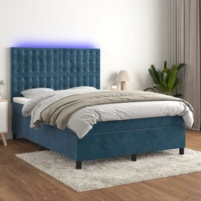 Κρεβάτι Boxspring με Στρώμα & LED Σκ. Μπλε 140x200εκ. Βελούδινο