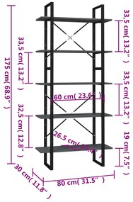 vidaXL Βιβλιοθήκη με 5 Ράφια Γκρι 80 x 30 x 175 εκ. από Επεξ. Ξύλο