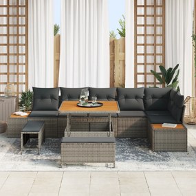 vidaXL Σετ Καναπέ Κήπου 9 Τεμαχίων με Μαξιλάρια Γκρι Πολυ Ρατάν Ακακία