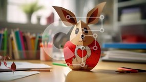 Intra Συλλεκτικό Ξύλινο Παζλ Plywood 4mm - Κουνέλι Origami με πολύχρωμα μολύβια και χαρτί Σε Ξύλινο Κουτί - Διαστάσεις Puzzle: 10x10 cm – 25 κομμάτια