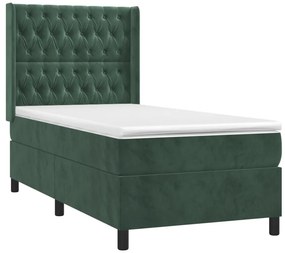 vidaXL Κρεβάτι Boxspring με Στρώμα &amp; LED Σκ. Πράσινο 90x200 εκ Βελούδο
