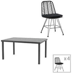 Intrahome Τραπεζαρία Naoki-Kliton I σετ 5τεμ Intrahome ανθρακί αλουμίνιο και pe rattan σε μαύρη απόχρωση 150x80x74εκ | SKU: INTRAPA-311111994