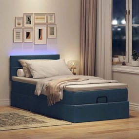 vidaXL Οθωμανικό κρεβάτι με στρώμα &amp; LEDs Μπλε 90x190cm ύφασμα
