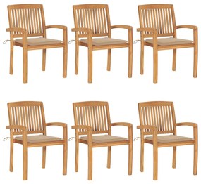 Καρέκλες Κήπου Στοιβαζόμενες 6 τεμ. Μασίφ Ξύλο Teak & Μαξιλάρια