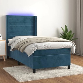Κρεβάτι Boxspring με Στρώμα &amp; LED Σκ. Μπλε 100x200εκ. Βελούδινο