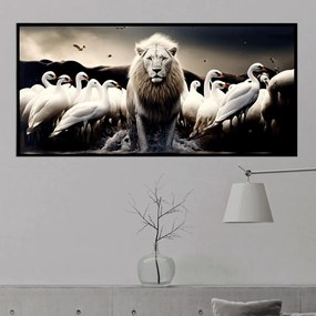 Πίνακας σε Plexiglass με Θέμα &#8220;Λιοντάρι και πουλιά&#8221; σε μαύρη ξύλινη Κορνίζα με ρυθμιζόμενο Φώς - 150cmX100cm