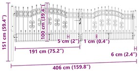 vidaXL Πόρτα Περίφραξης με Κορυφή Δόρυ Μαύρη 406x100 εκ. από Ατσάλι με Ηλεκτροστατική Βαφή