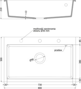 Mexen Elix Νεροχύτης Γρανίτης Μονής Θέσης 800 x 500 mm, Μπεζ, Σιφόνι Χρώμιο