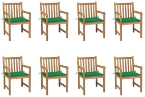 Καρέκλες Κήπου 8 Τεμαχίων Μασίφ Ξύλο Teak με Πράσινα Μαξιλάρια - Πράσινο