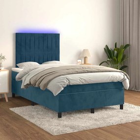 vidaXL Κρεβάτι Boxspring με Στρώμα &amp; LED Σκ. Μπλε 120x190εκ. Βελούδινο