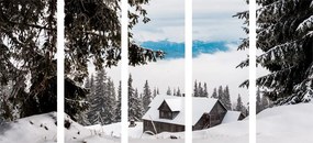 Ξύλινο σπίτι 5 τμημάτων με εικόνα δίπλα στα χιονισμένα πεύκα - 100x50