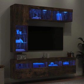 vidaXL Ντουλάπια Τηλεόρασης Τοίχου 7 τεμ. με Φώτα LED Καπνιστή Δρυς