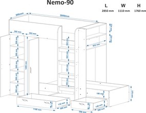 Παιδικό Κρεβάτι Κουκέτα NEMO Tacho/Ανθρακί 276x176x101cm