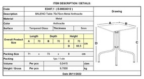 BALENO Τραπέζι Κήπου - Βεράντας, Μέταλλο Βαφή Ανθρακί, Γυαλί Tempered