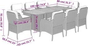 vidaXL Σετ Τραπεζαρίας Κήπου 9 τεμ Μαύρο από Συνθ. Ρατάν με Μαξιλάρια