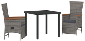 vidaXL Σέτ φαγητού για κήπο με μαξιλάρι 3 pcs Γκρι Πολυ ράταν