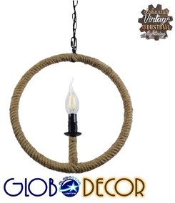 GloboStar® LINDELL 10001111 Vintage Industrial Κρεμαστό Φωτιστικό Οροφής Μονόφωτο 1 x E27 Μαύρο Μεταλλικό με Μπεζ Σχοινί Φ33 x Y33cm