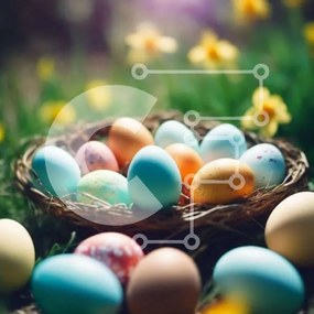 Intra Συλλεκτικό Ξύλινο Παζλ Plywood 4mm - Πολύχρωμα Πασχαλινά αυγά σε ένα καλάθι στο γρασίδι Σε Ξύλινο Κουτί - Διαστάσεις: 10x10 cm – 25 κομμάτια