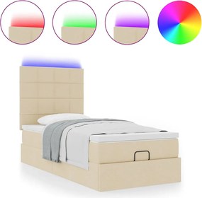 vidaXL Οθωμανικό κρεβάτι με στρώμα &amp; LEDs Cream 90x200 cm Ύφασμα