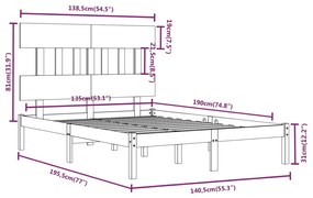 vidaXL Πλαίσιο Κρεβατιού 135 x 190 εκ. από Μασίφ Ξύλο Double