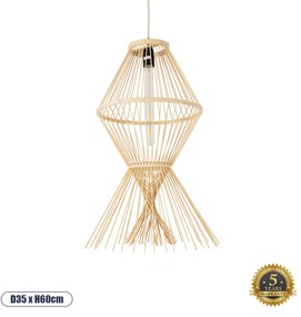01928 GloboStar® YOSHI 01928 Boho Κρεμαστό Φωτιστικό Πλέγμα Μονόφωτο 1 x E27 IP20 Μπεζ Ξύλο - Μ35 x Π35 x Υ60cm