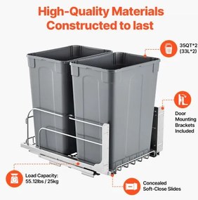 VEVOR Double Pullout Waste Container Kitchen Trash Can Soft Close Grey 35QTx2
