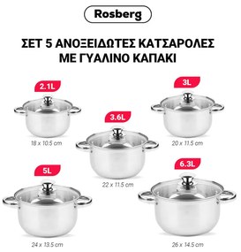 Σετ κατσαρόλες Rosberg R51210O10, 10 τεμάχια, 2.1-6.3 l, Ανοξείδωτο ατσάλι, Inox