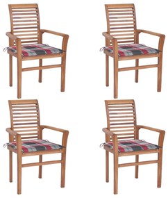 Καρέκλες Τραπεζαρίας 4 τεμ. Ξύλο Teak με Κόκκινα Καρό Μαξιλάρια - Καφέ