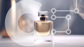 Intra Συλλεκτικό Ξύλινο Παζλ Plywood  4mm - Διαυγές μπουκάλι αρώματος σε αφηρημένο φόντο Σε Ξύλινο Κουτί - Διαστάσεις Puzzle: 10x10 cm – 25 κομμάτια