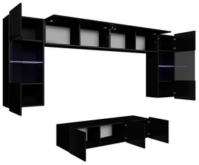 Σετ επίπλων Providence B106, Γυαλιστερό μαύρο, Με πρόσθετο εξοπλισμό, Ξεχωριστά μέρη, Με τραπέζι τηλεόρασης, Πλαστικοποιημένη μοριοσανίδα, 300x43cm