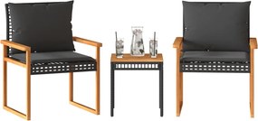 vidaXL Σετ Επίπλων Bistro 3 τεμ. Μαύρο Συνθ. Ρατάν/Ακακία + Μαξιλάρια