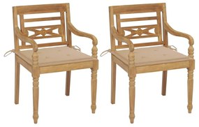 Καρέκλες Batavia 2 τεμ. από Μασίφ Ξύλο Teak με Μπεζ Μαξιλάρια - Μπεζ