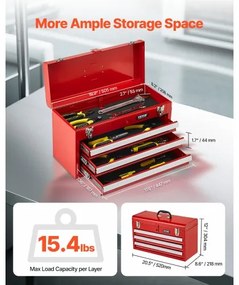 VEVOR Tool Box 20.5-inch Portable Metal Tool Box 3 Drawers Tool Organizer Red
