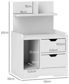 Κομοδίνο με 2 συρτάρια, ανοιχτό ράφι, 40x30x60 cm, λευκό