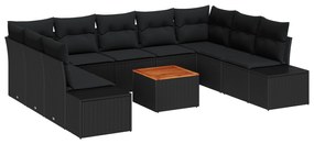 vidaXL Σετ Καναπέ Κήπου 10 Τεμαχίων με Μαξιλάρια Μαύρο Πολυ Ρατάν Ακακίας