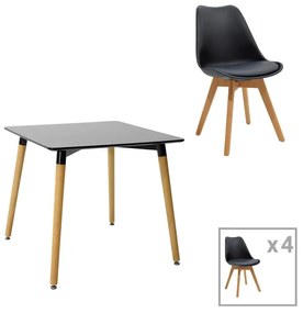 Dining table Natali-Gaston set of 5 MDF and beech wood in black-natural shade 80x80x76cm 80x80x76 εκ.