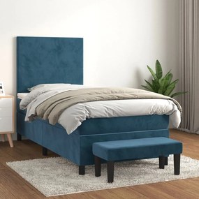 Κρεβάτι Boxspring με Στρώμα Σκούρο Μπλε 90x190 εκ. Βελούδινο   - Μπλε