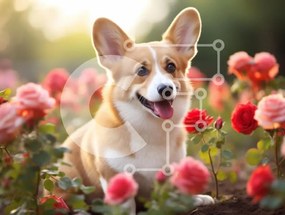 Intra Συλλεκτικό Ξύλινο Παζλ Plywood  4mm - Corgi σε έναν κήπο με τριαντάφυλλα Σε Ξύλινο Κουτί - Διαστάσεις: 10x10 cm – 25 κομμάτια