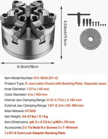 VEVOR 6 in 6-Jaw Self-Centering Lathe Chuck with D1-4 Cam Lock Backing Plate