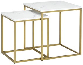 HOMCOM Σετ 2 Τραπεζάκια Σαλονιού, Στοιβαζόμενα Τραπεζάκια, Επιφάνεια σε Όψη Μαρμάρου, Χρυσό + Λευκό