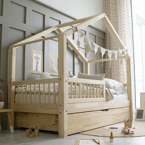 Κρεβάτι Παιδικό Montessori  House Bed  Plus με κάγκελα 23cm  + Συρτάρι  σε Φυσικό  Ξύλο  90×200cm  Luletto (Δώρο 10% έκπτωση στο Στρώμα)