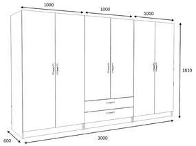 Ντουλάπα ρούχων Victoria Megapap εξάφυλλη με συρτάρια χρώμα καρυδί 300x60x181εκ.
