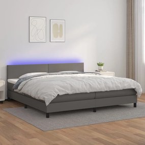 Κρεβάτι Boxspring με Στρώμα &amp; LED Γκρι 200x200 εκ. Συνθ. Δέρμα