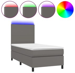 vidaXL Κρεβάτι Boxspring με Στρώμα &amp; LED Γκρι 90x190 εκ. Συνθ. Δέρμα