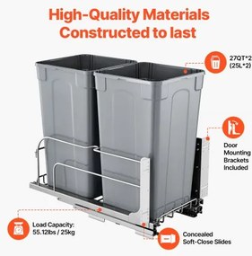 VEVOR Double Pullout Waste Container Kitchen Trash Can Soft Close Grey 27QTx2