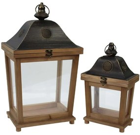 Φανάρια Raisa (Σετ 2Τμχ) 028429 28x20x49/20x12,5x34cm Natural Wood, Glass