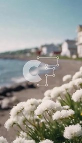 Σετ των 2 Intra Συλλεκτικό Ξύλινο Παζλ Plywood 4mm - Λευκά λουλούδια δίπλα στον ωκεανό με σπίτια Σε Ξύλινο Κουτί - Διαστάσεις: 10x10 cm – 25 κομμάτια