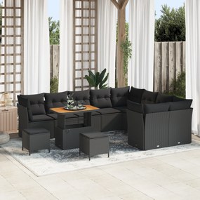 vidaXL 12 τεμαχίων Σετ Καναπέ Κήπου με Μαξιλάρια Μαύρο Πολυ Ράτανα Ακακία