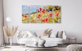 Εικόνα 5 μερών ζωγραφισμένες παπαρούνες στο λιβάδι - 200x100