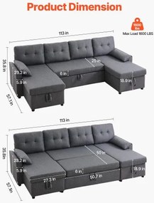 VEVOR U Shaped Sofa Bed 6-Seat Convertible Sleeper Sofa Bed Double Chaise Gray